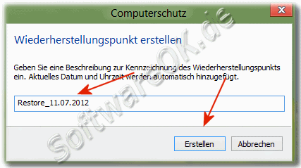 Ein Name für den Wiederherstellungspunkt in Windows 8 vergeben
