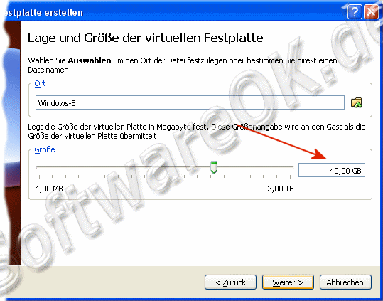 Lage und Grsse der virtuellen Festplatte