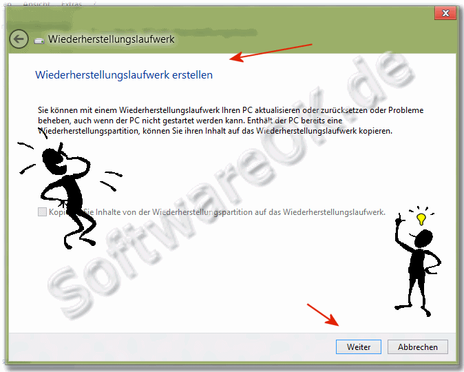 Windows-8 'Assistenten fr das Wiederherstellungs-Laufwerk' (start-diskete, boot-CD)