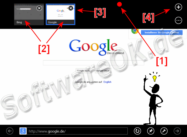 zwischen den Registerkarten (Tabs) im Win 8 Internet Explorer start (Metro) App wechseln