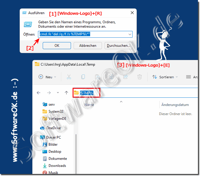 Befehlszeile zum Löschen der temporäre Dateien auf Windows 11 Beispiel!