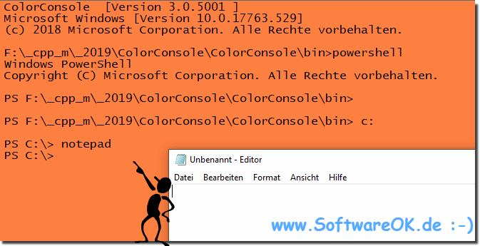 Starten von Notepad unter Windows 10 ber Power-Shell!