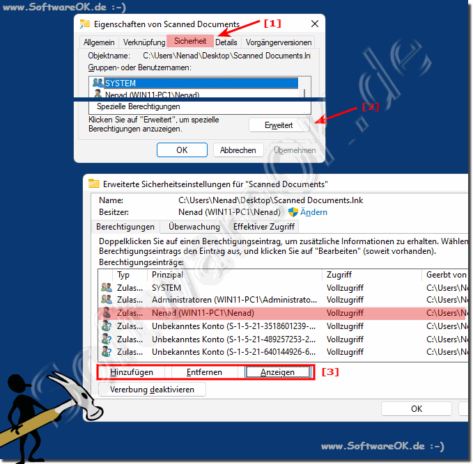 Einrichten Besitz von Dateien und Ordnern unter Windows 11, 10, ..?
