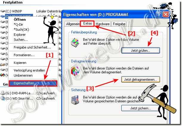 Defragmentieren über den MS-Explorer in Windows-XP öffnen!