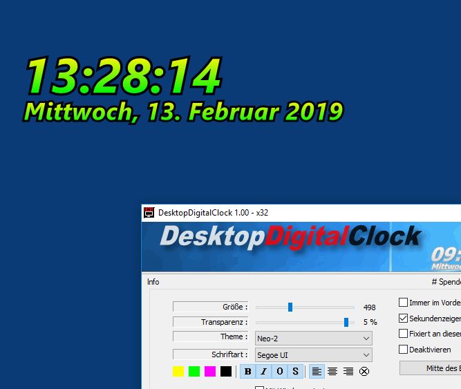 DesktopDigitalClock 1 Auffaellig in Neon Farbe mit Datum  