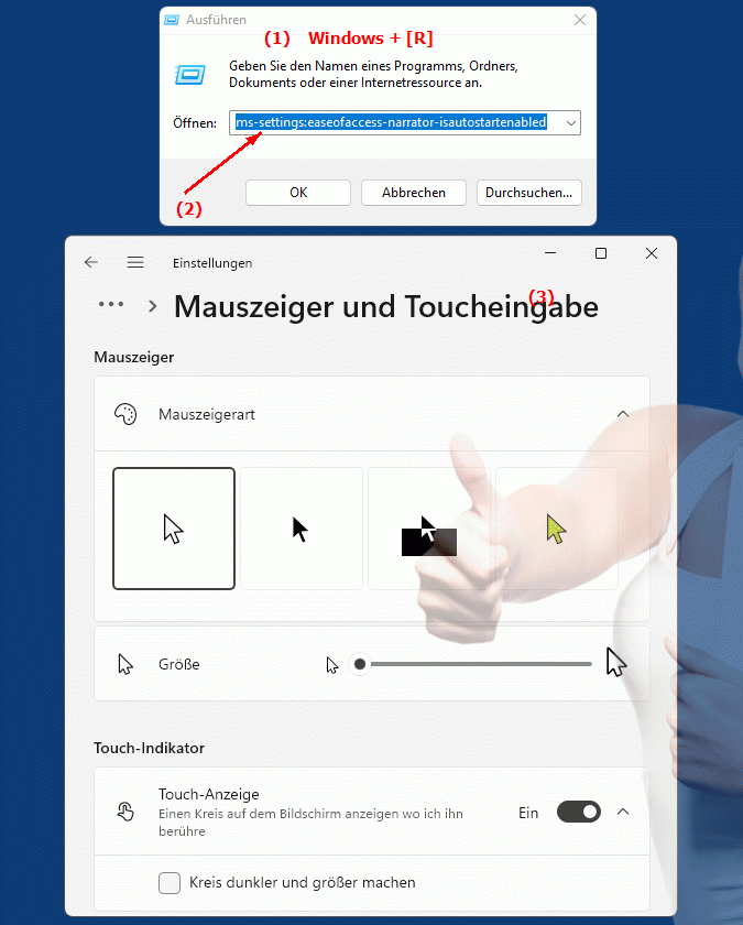Windows Settings ms-settings:easeofaccess-narrator-isautostartenabled Einstellungen zur Unterstützung bei der Bedienung, automatischen Start für Sprachausgabe