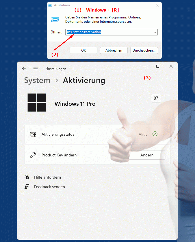 Windows Settings ms-settings:activation Einstellungen für Aktivierung und Verwaltung von Windows-Features