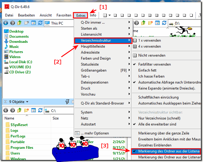 Markierung des Ordner in der Verzeichnisstruktur unter Windows-10!