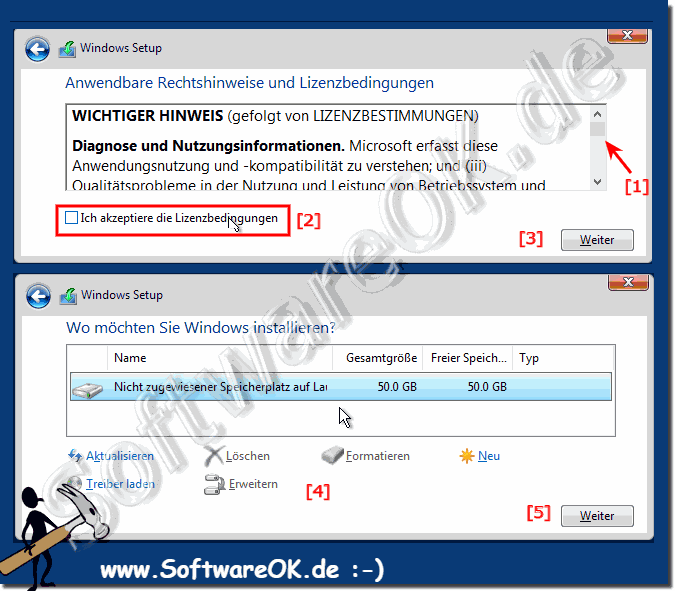 Installation MS Windows Server Lizenz und Laufwerksauswahl!