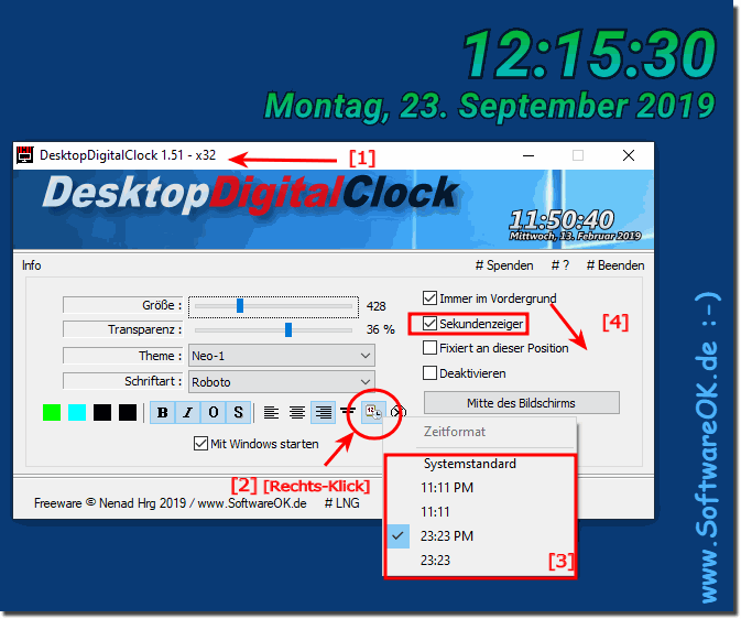 Erzwingen von Windows Uhrzeitformat in der Desktop Uhr!