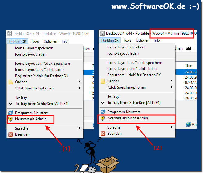 Aus dem administrativen Modus in den nicht Admin Modus!