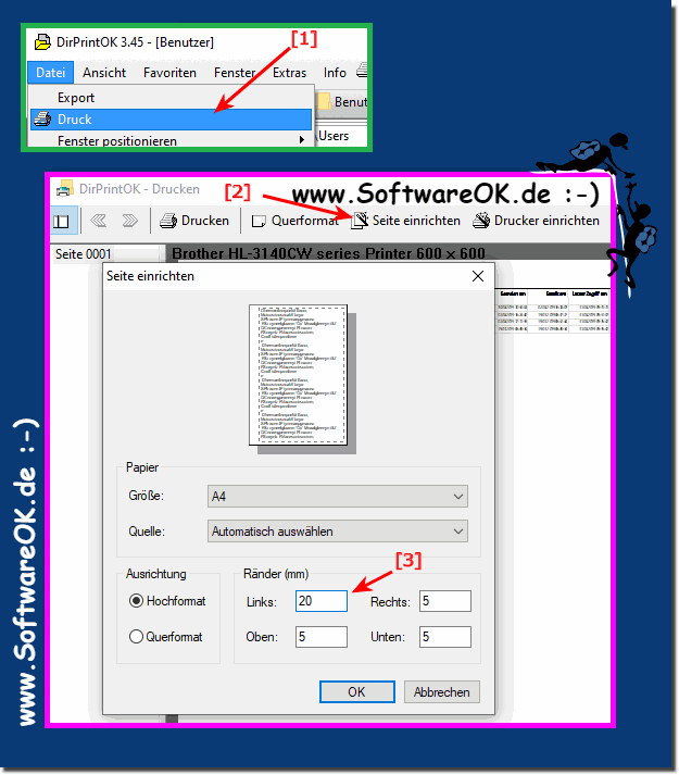 Seite einrichten in DirPrintOK in Windows-7, XP, Vista 