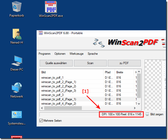 Beispiel Wert bei DPI 100 DIN A4 Beim Scannen!