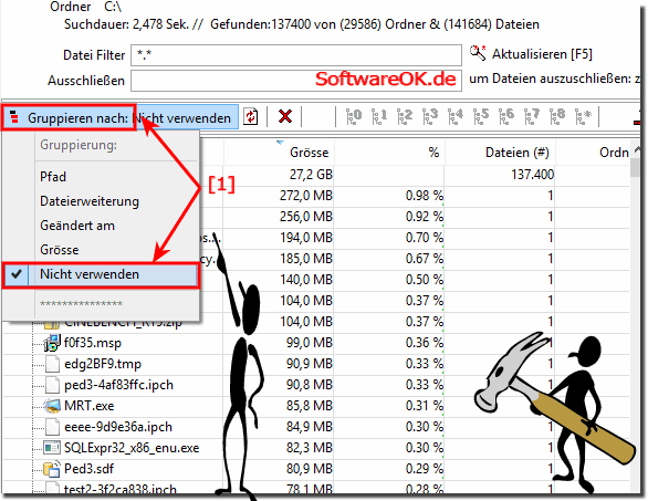 Gruppierung bei der Ordnergre nicht verwenden!