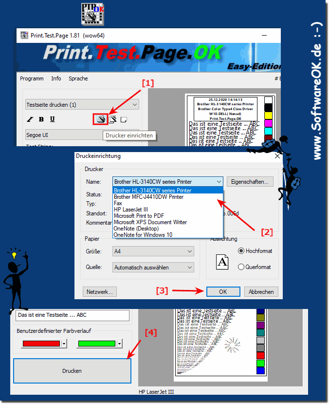 Drucker für den Testseiten Ausdruck ändern!