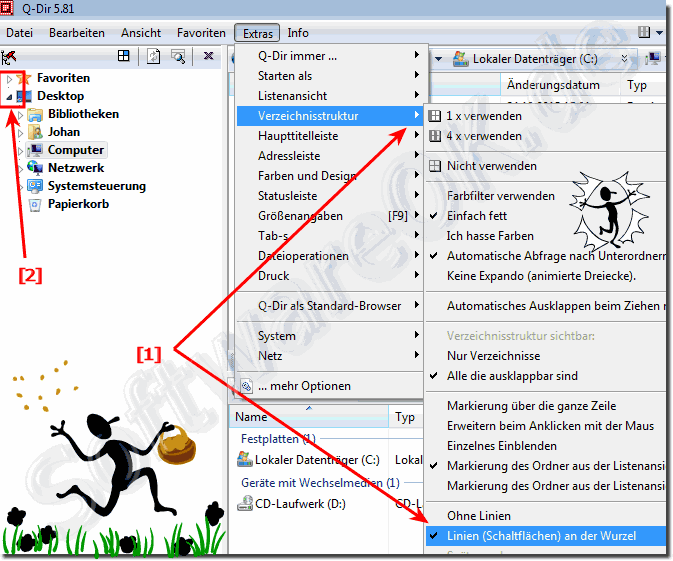 Linien un Schaltflchen an der Wurzel im Quad-Explorer Q-Dir!