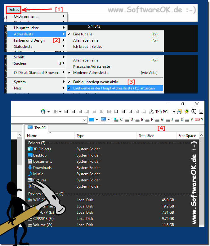 Im Windows Quad Explorer Laufwerke in der Explorer Haupt-Adressleiste anzeigen