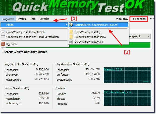 das Deinstalliere vom den Arbeitsspeicher Test unter Windows 10, 8.1 ...!