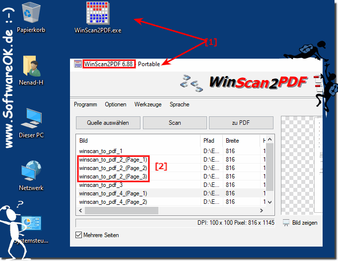 Einzug Scan mit TIF Verwenden in WinScan2PDF 6.88! 