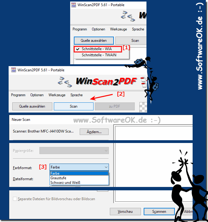 WIA Scannerprofil umstellen Auswahl Farbformat, Farbe, Graustufen, Schwarz Wei!