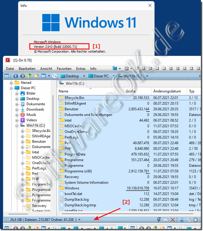MS Windows 11 OS Ordner, Größe, Dateien, Anzahl!  