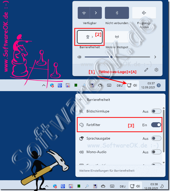 ber Taskleiste Barrierefreiheit zu den Farbfiltern!