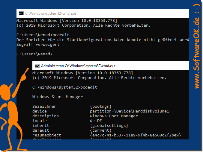 BCDEDIT auf Windows 10 mit Adminrechten-gestartet!