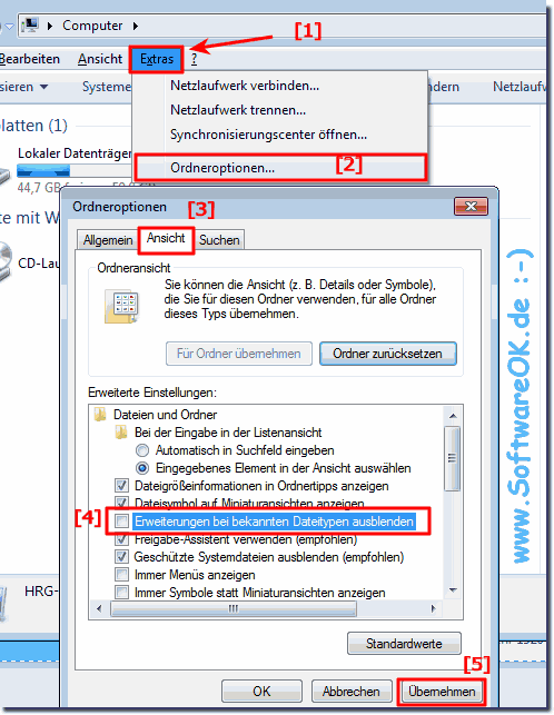 Dateiendungen ändern in Windows-7