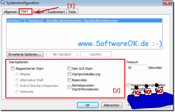 Konfigurationsoptionen fuer das Windows 7 Betriebssystem und erweiterte Systemstarteinstellungen