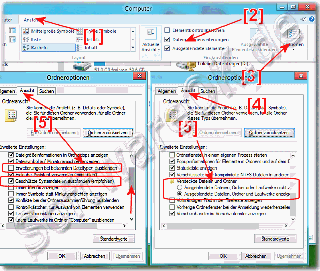 Versteckte Dateien und Ordner sowie Dateinamen-Erweiterungen im Windows 8 Explorer!