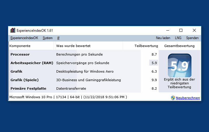 Der Leistungsindex von 8.1/10/11 Windows ist wieder da!